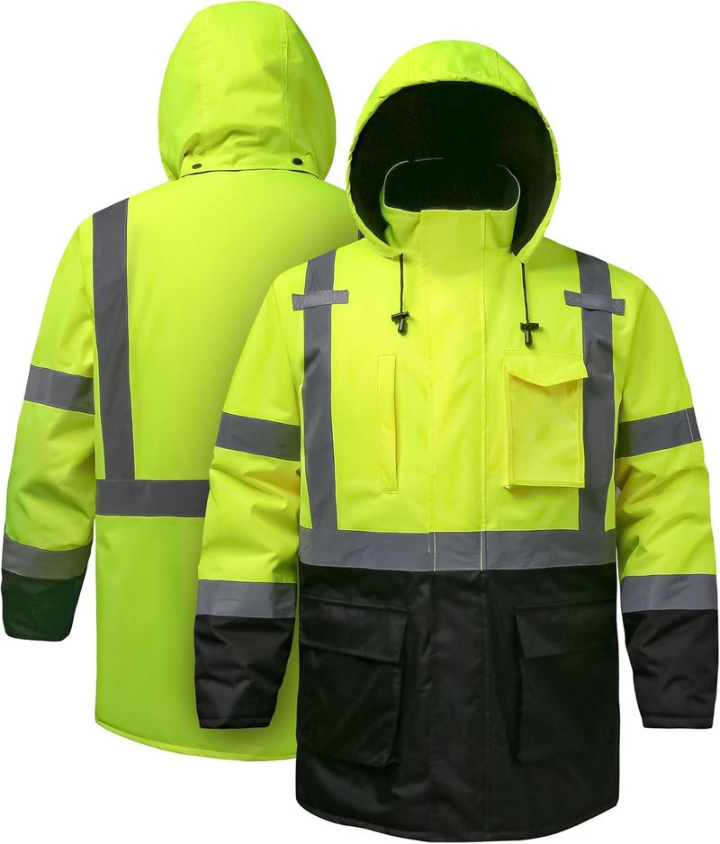 DPSAFETY Reflective Jacket, High Visibility Parka, Waterproof Hi Vis, Safety Jacket with Removable Hood and Zipper, ANSI Class 3 (Lime,Large) - Image 5